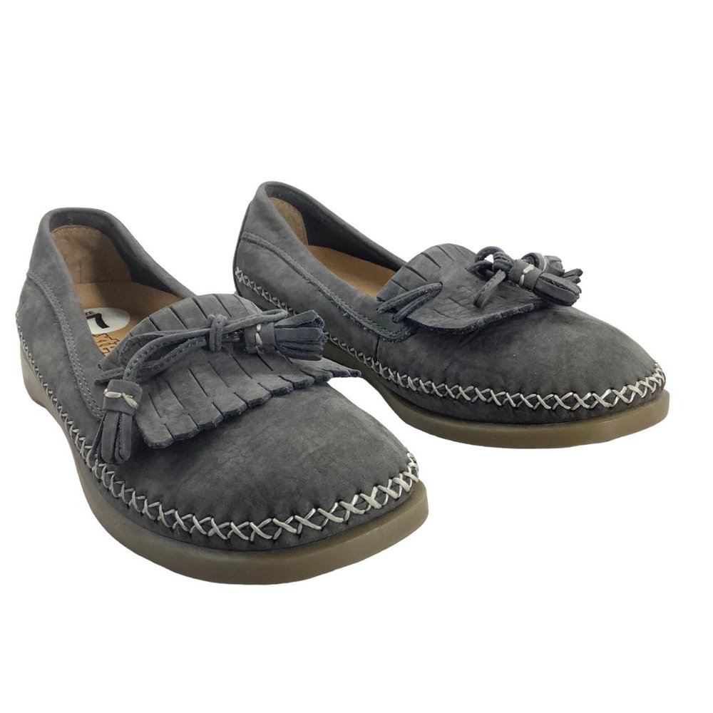 Dexter Moccasin Flats Shoes Women Size 7 Gray Leather Fringe T8400-18
